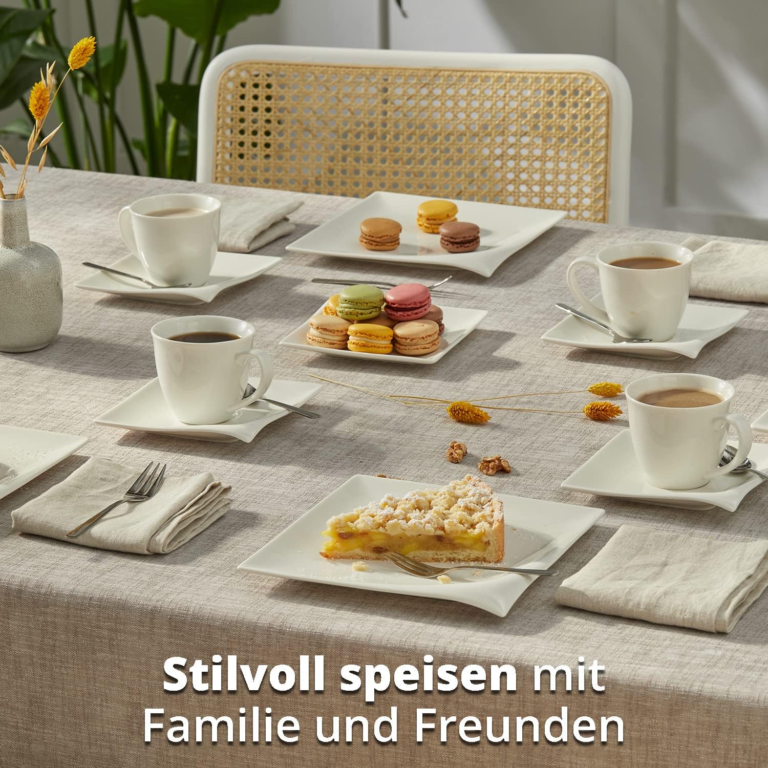 Kombiservice für 6 Personen Porzellan 30-teiliges eckiges Geschirrset weiß, geschwungenes Design 6xDessertteller 6xKaffeetassen 6xKaffeeuntertassen 6xSpeiseteller 6xSuppenteller