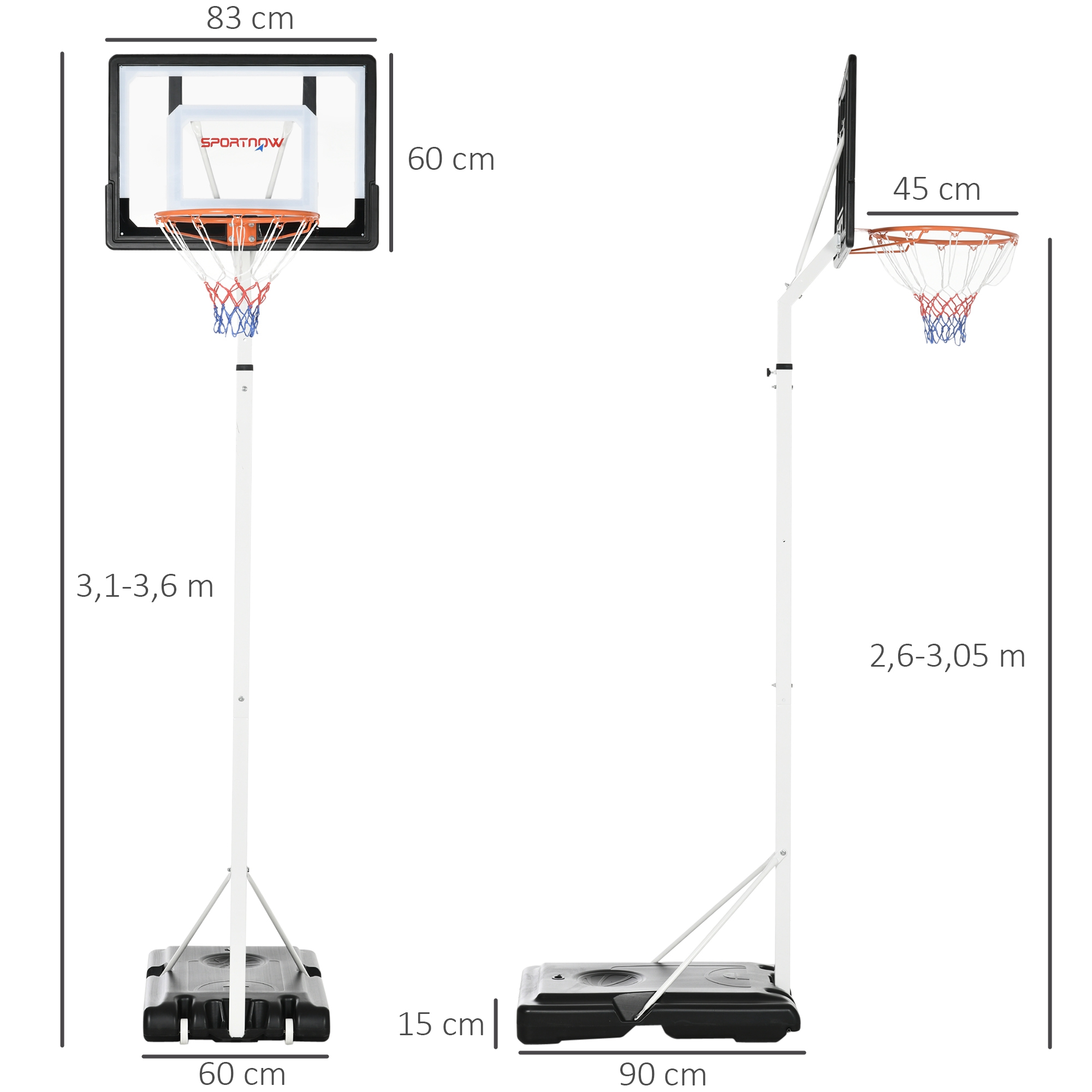 Cesta de basquete branca SPORTNOW com rodas e altura ajustável para jardim.