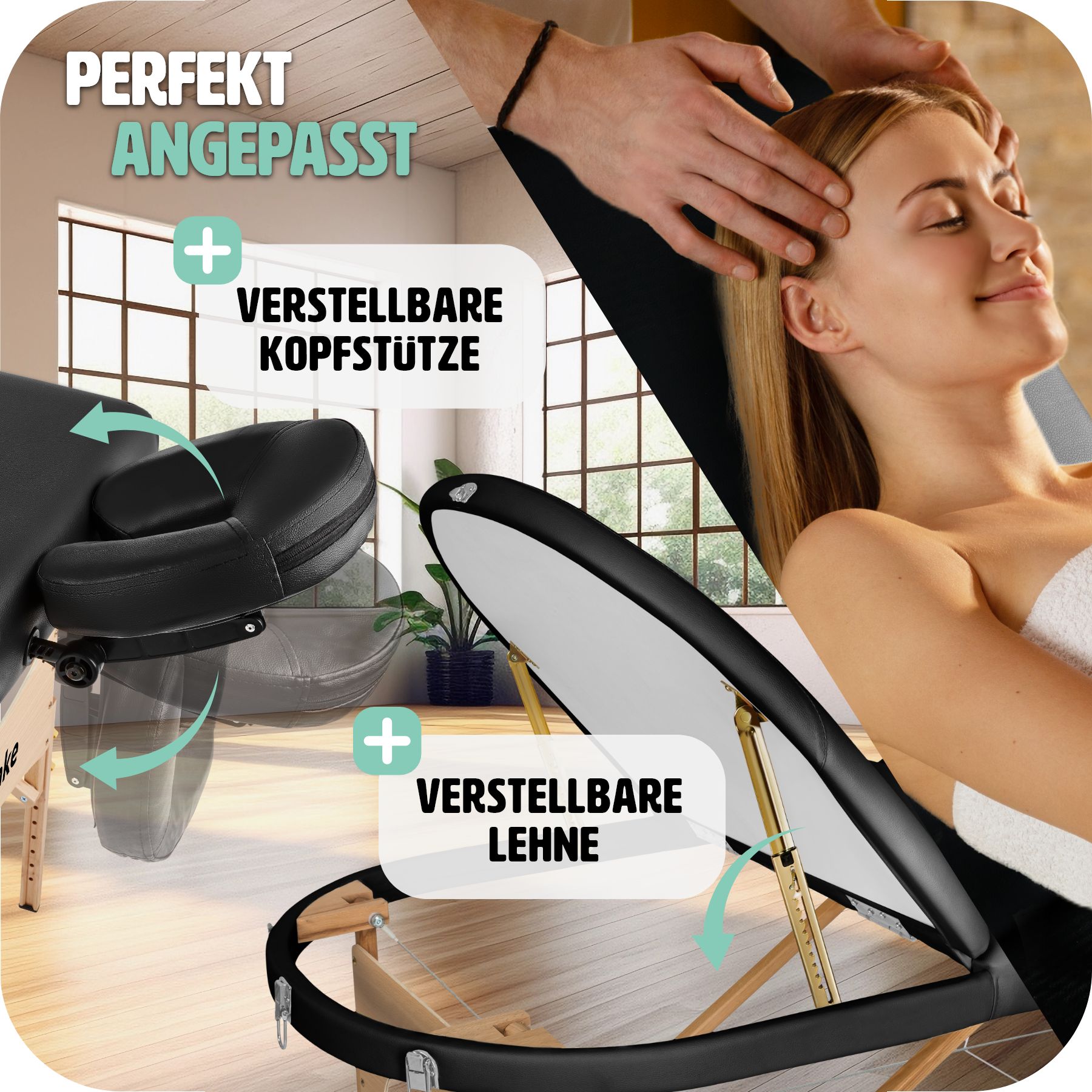 tectake® 3 Zonen Massageliege, oval, Polsterung 5 cm, mit Holzgestell, verstellbare Ablagen für Kopf und Arme, 230 x 104 x 62,5 - 85 cm