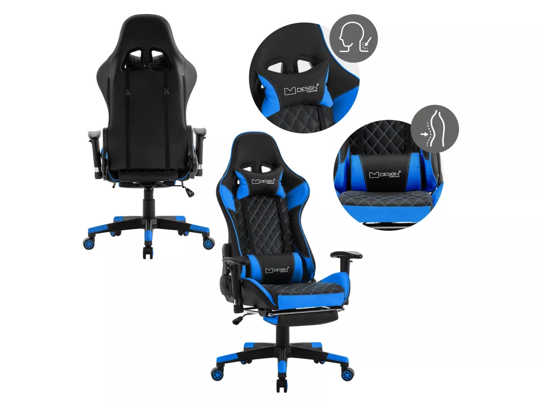 Chaise de jeu avec repose-pieds extensible 2D Accoudoirs Noir/Bleu en similicuir ML-Design