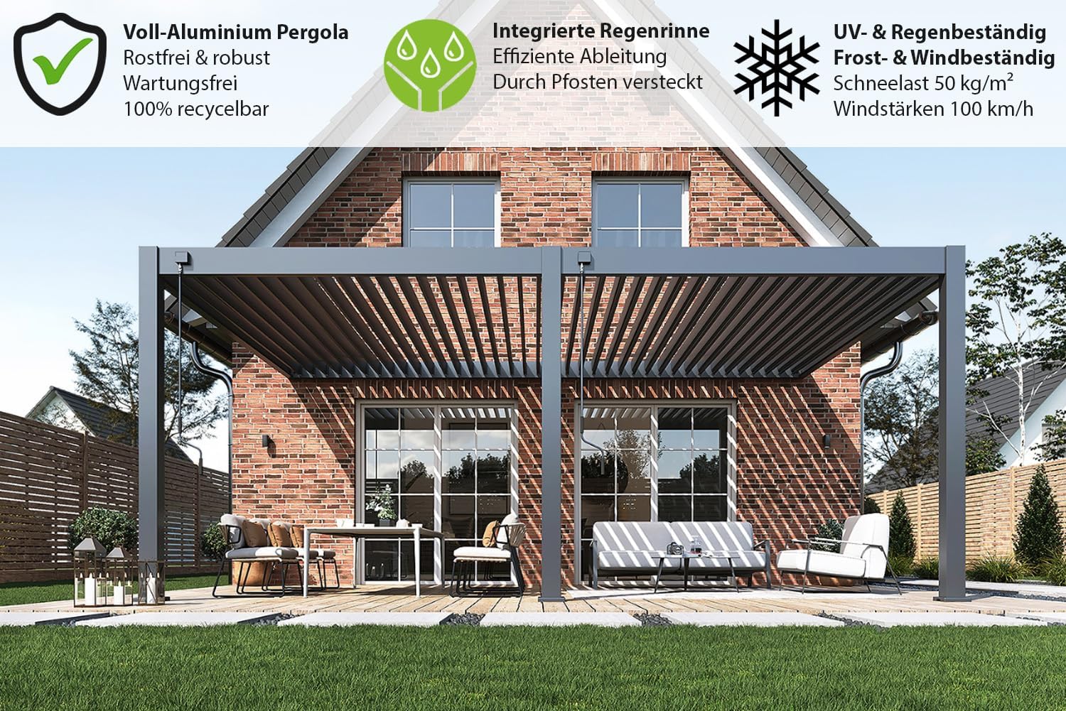 Pavillon Pergola 4x6m Terassenüberdachung mit Lamellendach verstellbar Gartenpavillon Hardtop wasserdicht stabil Winterfest Voll-Aluminium Grillpavillon Weide Deluxe Plus Wall Anthrazit