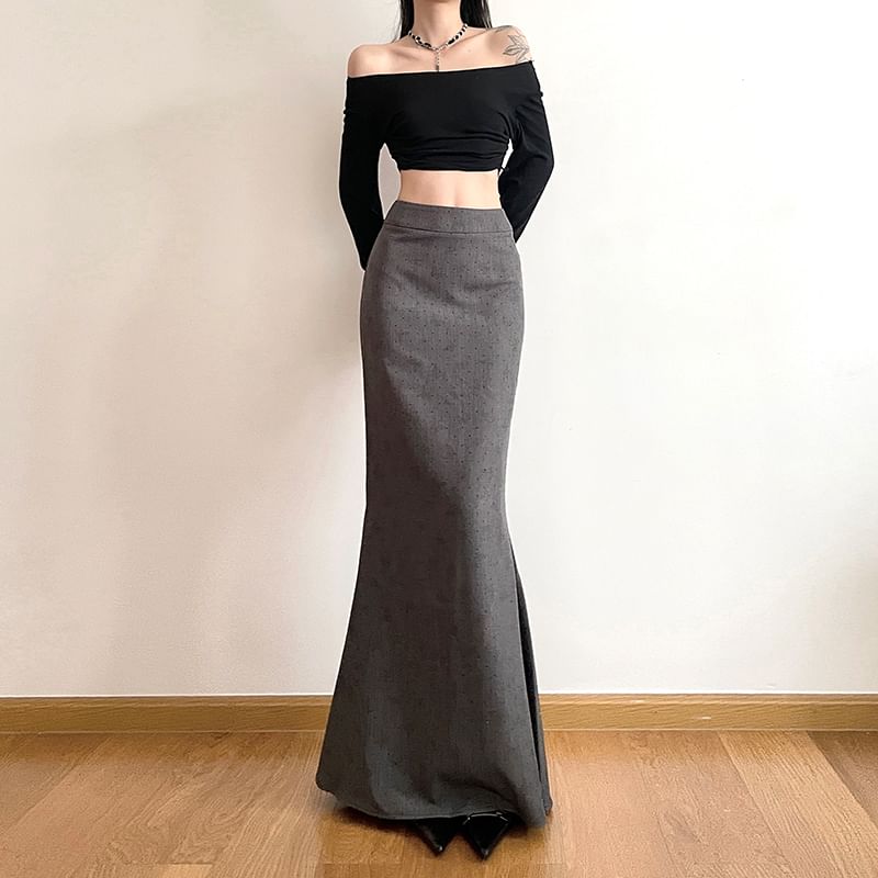 GAGAO - Maxi-rok met hoge taille en vlinderprint en strassaccenten