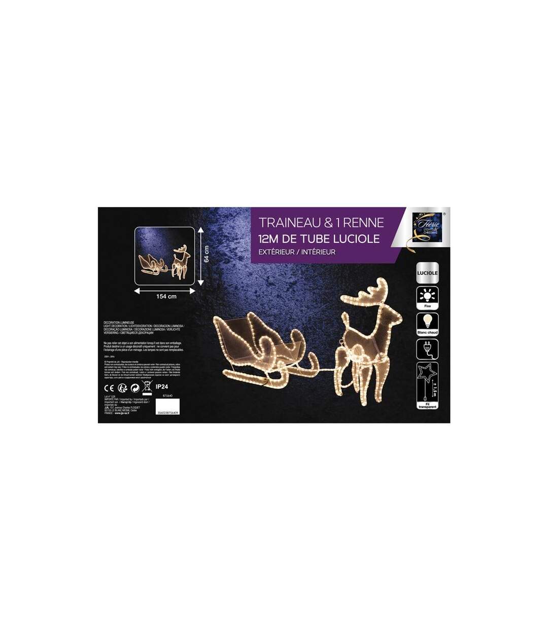 Décoration Lumineuse Traineau Renne 154cm Blanc Chaud