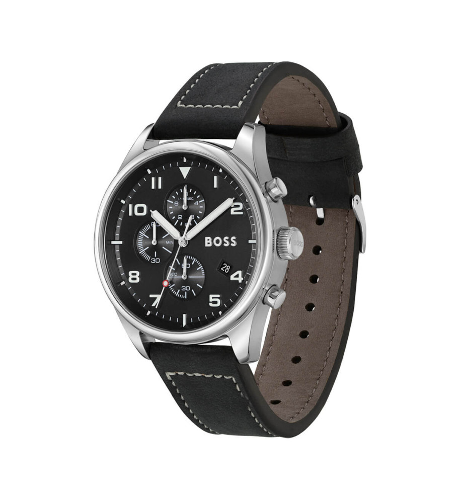 Relógio analógico BOSS View com pulseira de couro, preto