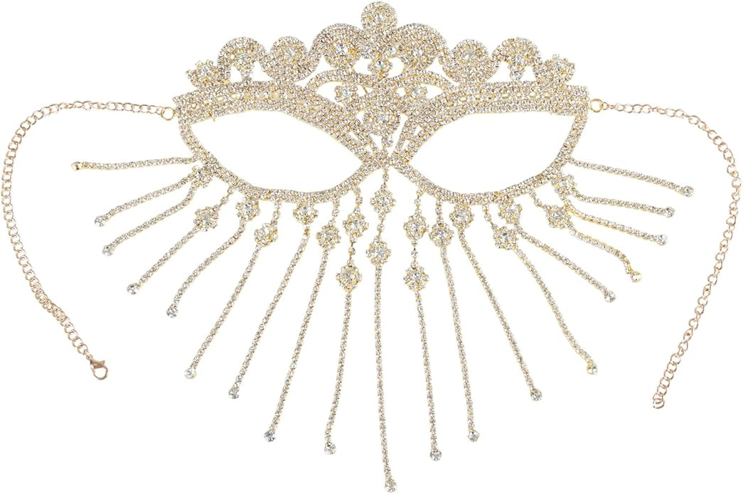 Strass Steine Maske Fasnacht Halbmaske Kostüm Zubehör Motto Party Accessoire Halloween Foto Requisite mit Schleier - Gold