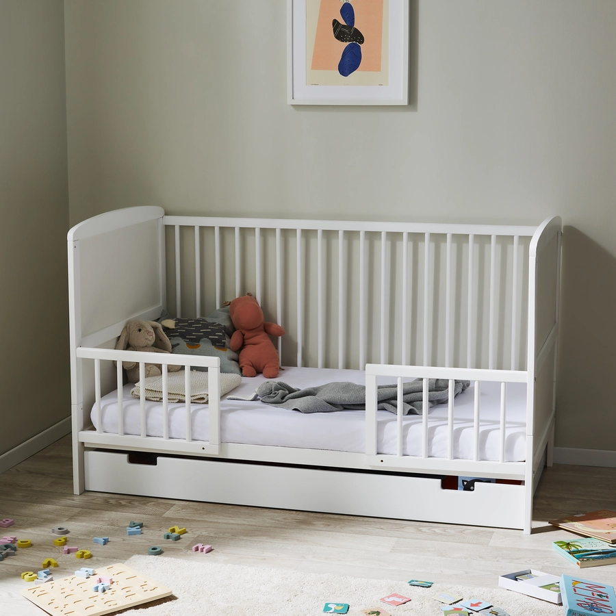 Kids Collective Babybett 70x140 Umbaubares Gitterbett höhenverstellbar & herausnehmbare Sprossen weiß mit Schublade