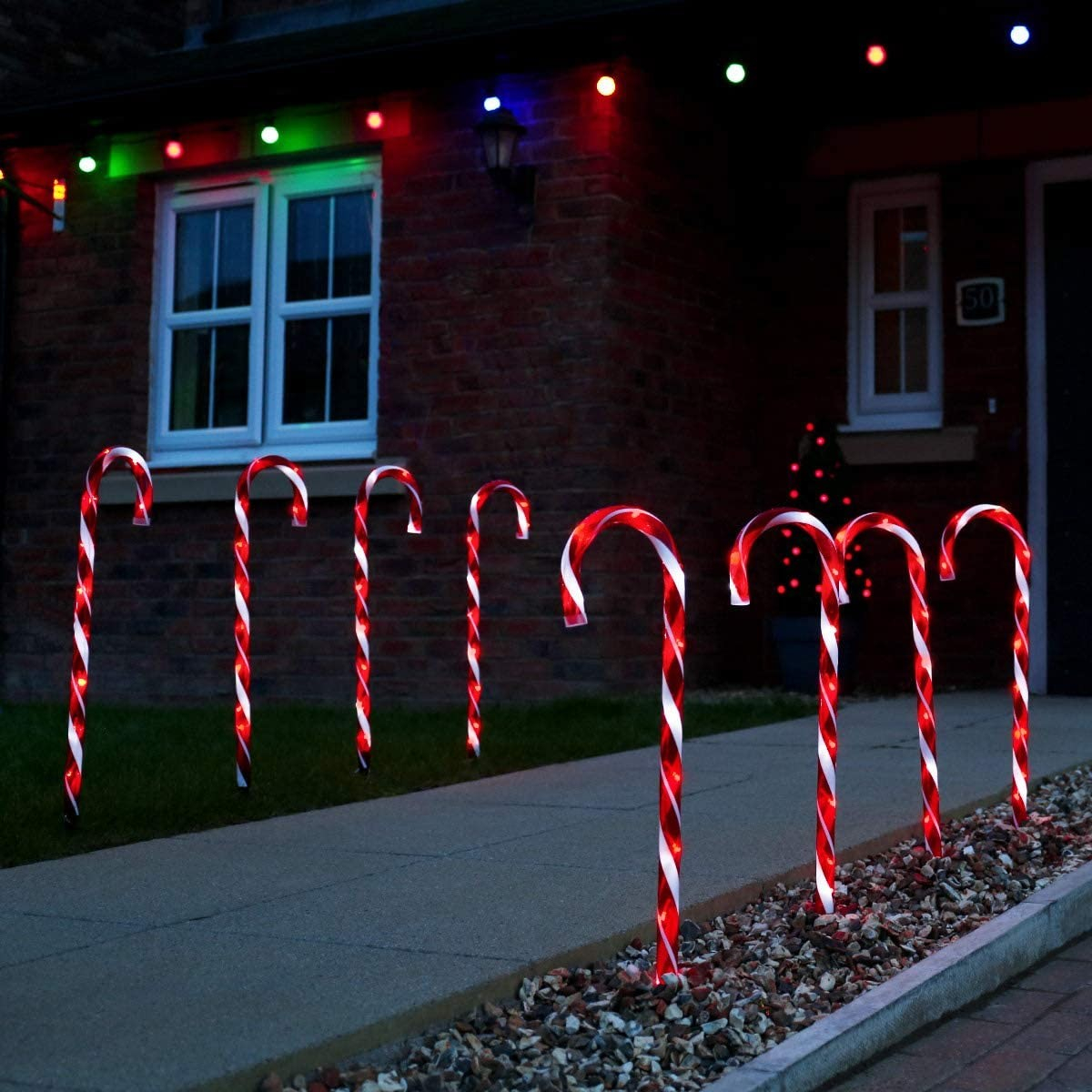 (5er Set) 47cm Weihnachts LED Solar Lampe Outdoor Zuckerstangen Gartenleuchte Laterne - Rot / Weiss