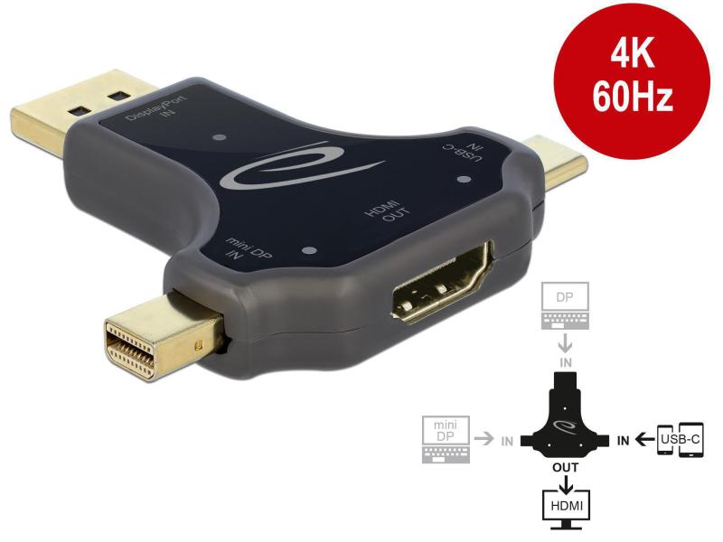 Delock Adapter USB-C, DisplayPort, miniDisplayPort auf HDMI Delock 3 in 1 Monitoradapter mit USB-C / DisplayPort / mini DisplayPort Eingang auf HDMI Ausgang mit 4K 60 Hz