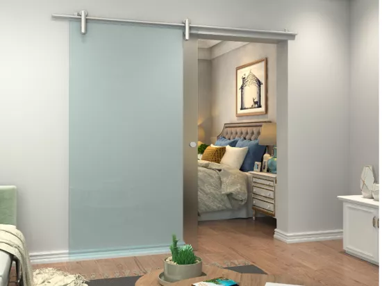 Porte coulissante avec système en applique CLEAVER - H205 x L93 cm - Verre trempé dépoli