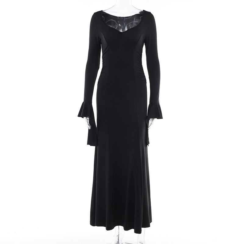 (165cm) Fasnachts Erwachsenen Kostüm Bodenlanges Vampir Kleid Morticia Addams Verkleidung für Motto Partys / Halloween - Schwarz