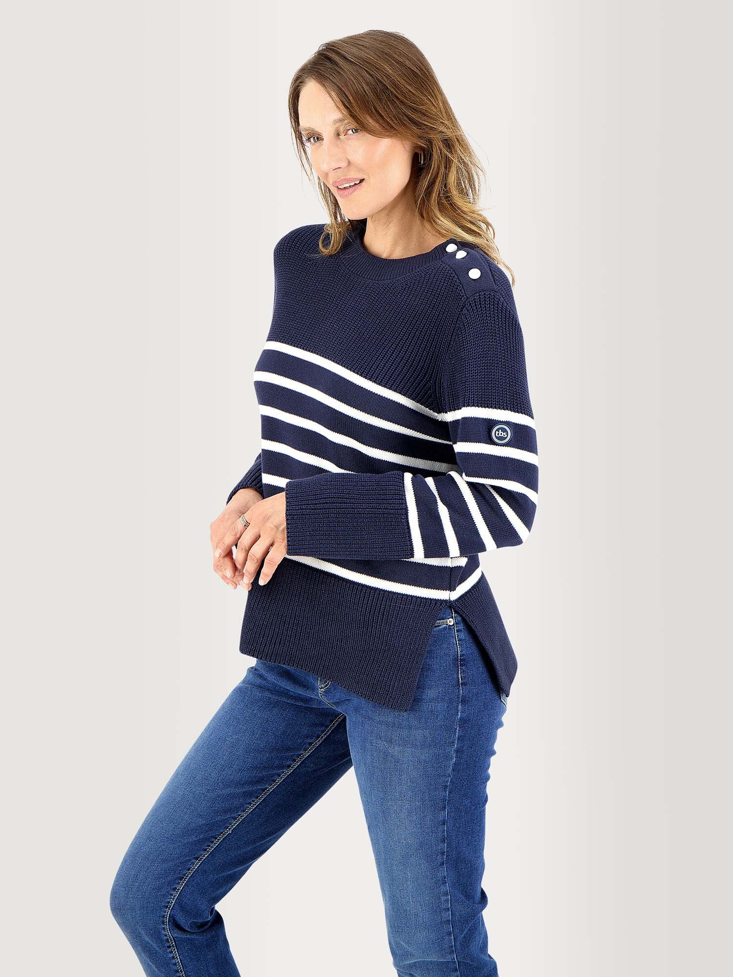 Pull Femme Coton Marinière Bleu Rayé Blanc