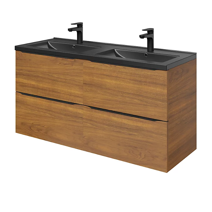 Ensemble salle de bains l.120 cm meuble à suspendre Imandra décor noyer + plan double vasque céramique noir