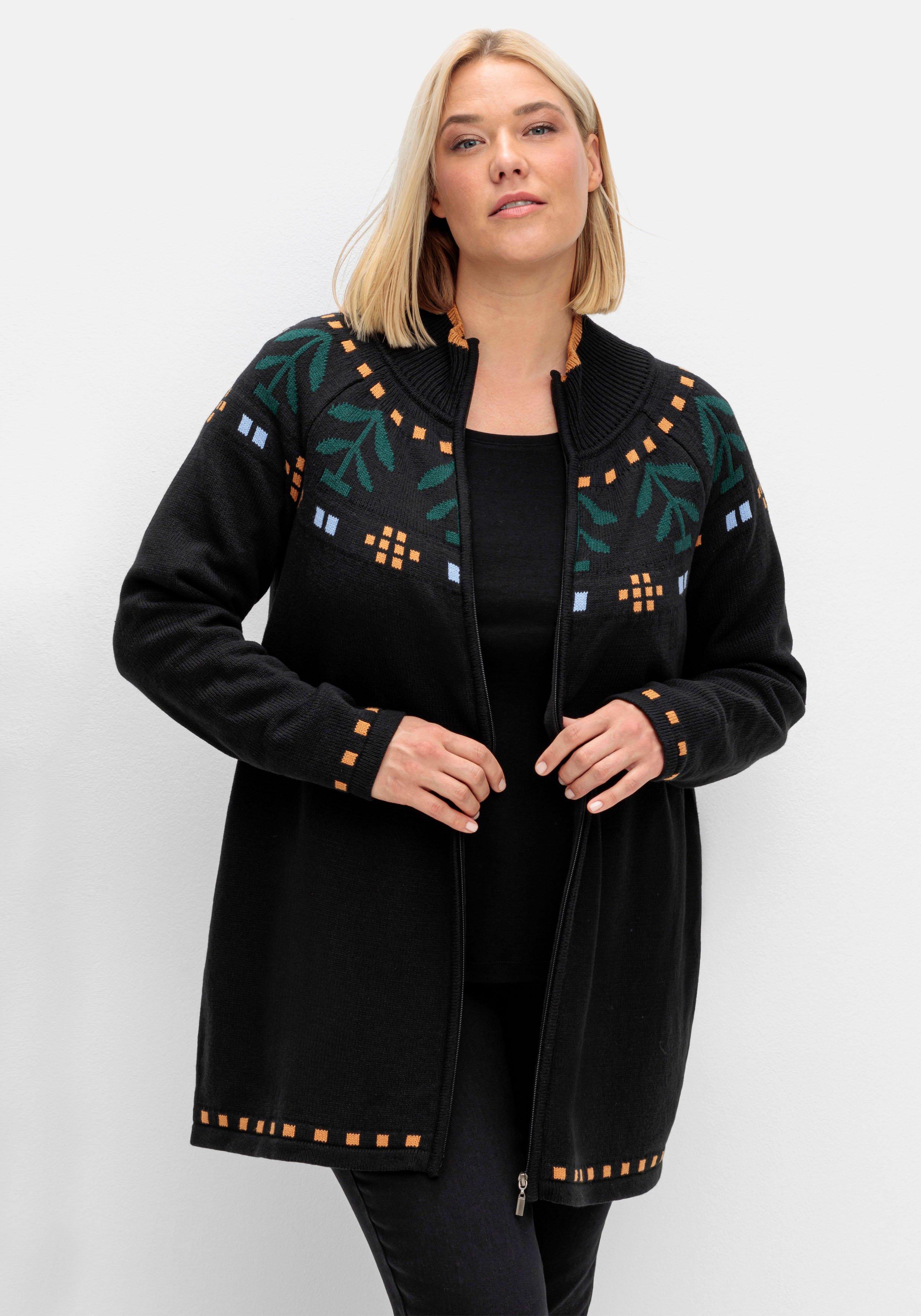 Longstrickjacke mit Intarsienstrick und Stehkragen