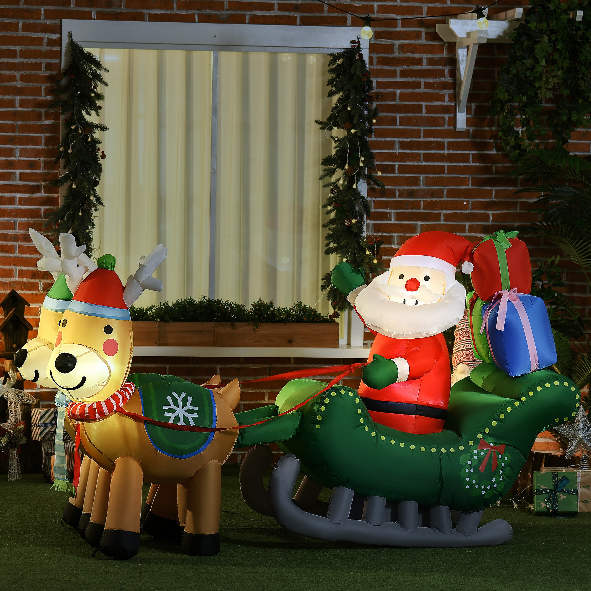 HOMCOM Aufblasbare Weihnachtsmann mit Schlitten und Rentieren mit LED-Lichter bunt 210L x 70B x 125H cm