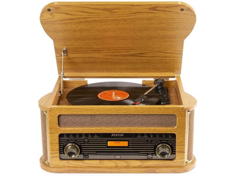 Fenton Plattenspieler Memphis Vintage Hellbraun Retro Plattenspieler mit Radio, Bluetooth, Media-Player und Umwandlungsmöglichkeit für Schallplatten und Kassetten