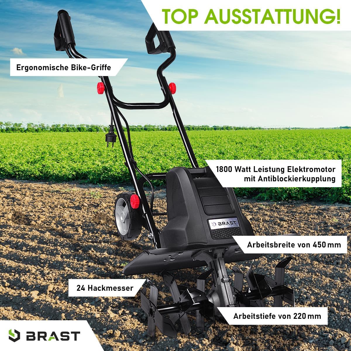 BRAST Motorhacke Gartenfräse Elektro | 1050-1800 Watt | 36-45cm Arbeitsbreite | 4 Modelle | Schutzblech Antiblockierkupplung & Sicherheitsschalter | für kleine bis große Grundstücke | BRE-AF 1800