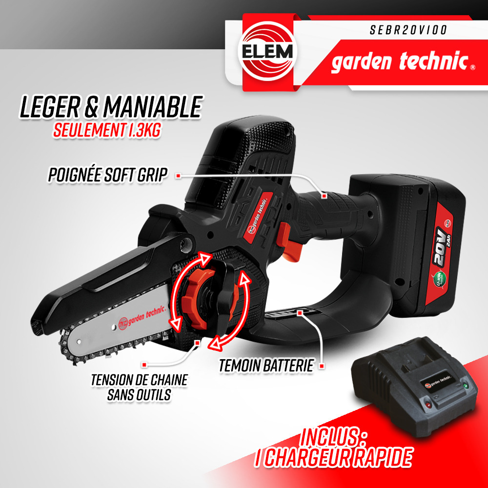 Tronçonneuse portative rechargeable 20v - livrée avec batterie et chargeur - ele