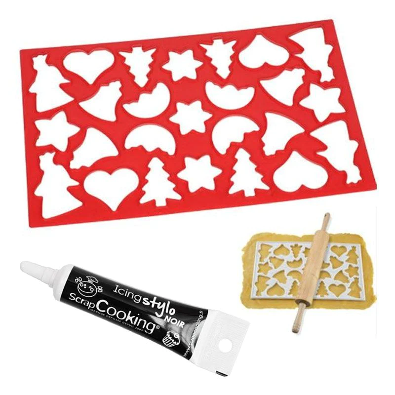 Plaque découpoir 25 biscuits de Noël + Stylo de glaçage noir Youdoit