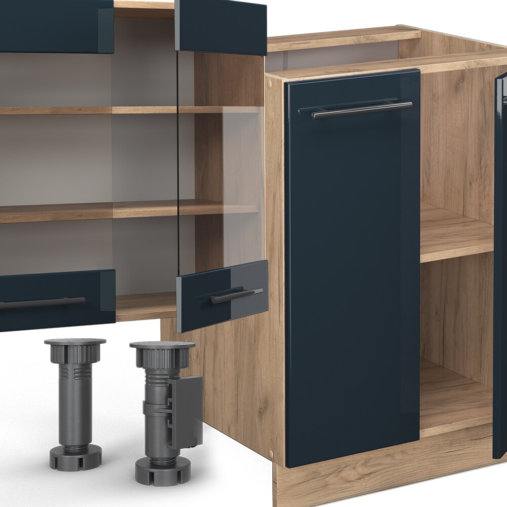 Vicco Küchenzeile Fame-Line Eiche Dunkelblau Hochglanz 300 cm mit Arbeitsplatte Anthrazit