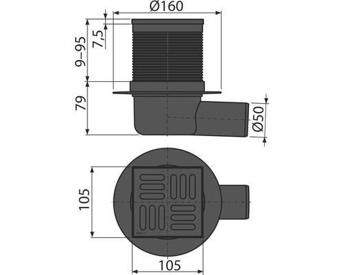 form&style REDONDA vloerafvoer 105 x 105/50 mm horizontaal, afvoercapaciteit 37 l/min, matzwarte afwerking