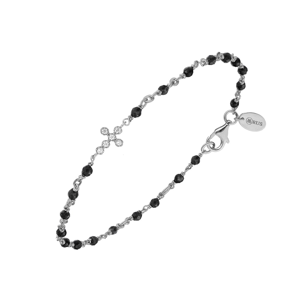 Bracelet Argent Rhodié Croix Zirconium Blanc Et Pierres Spinelle Noires