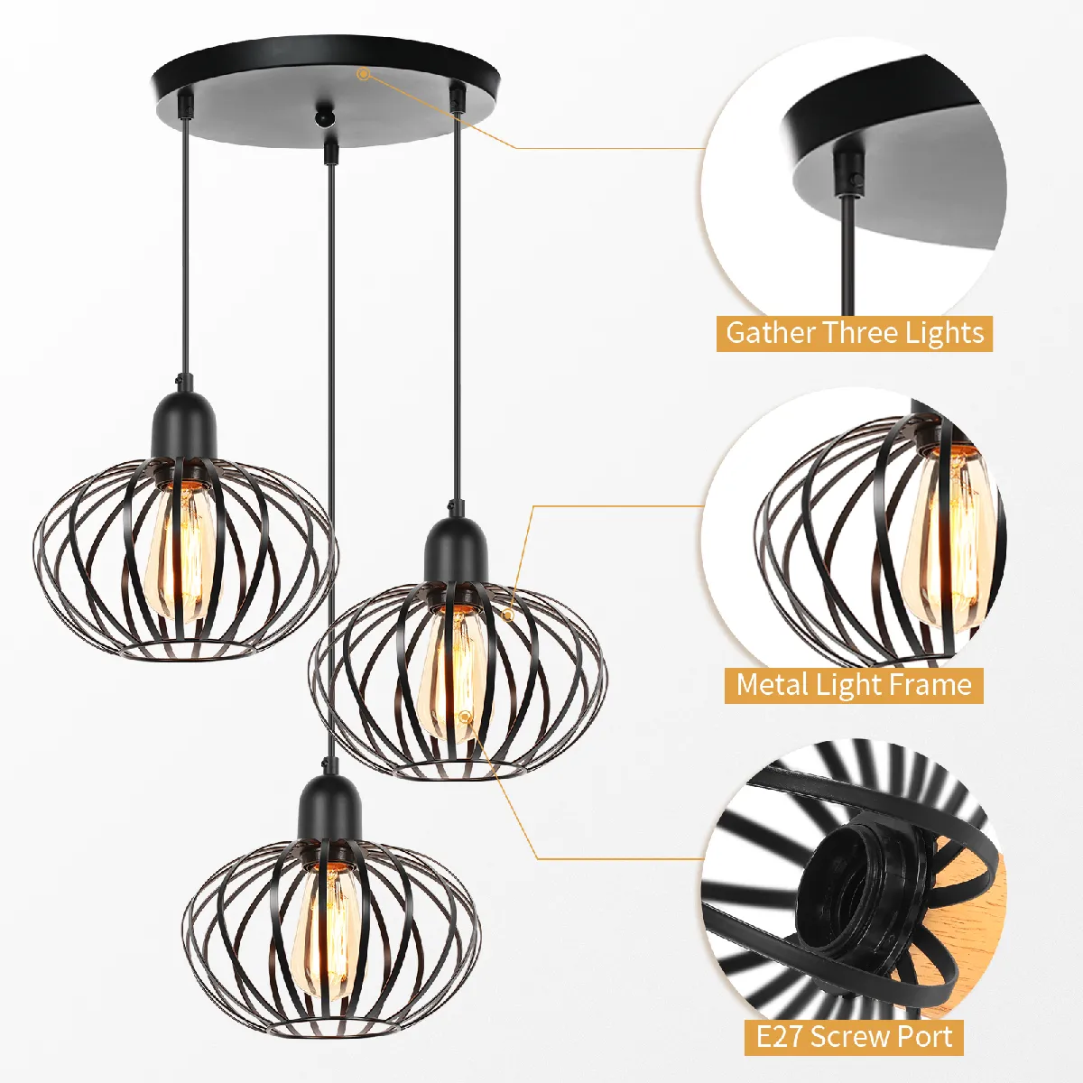 Stoex Lustre Vintage 3 Lumières Suspension Luminaire Rétro E27 Suspension Lustre Intérieur (Noir) Plafonnier Rond En Métal Pour Salon Cuisine Chambre