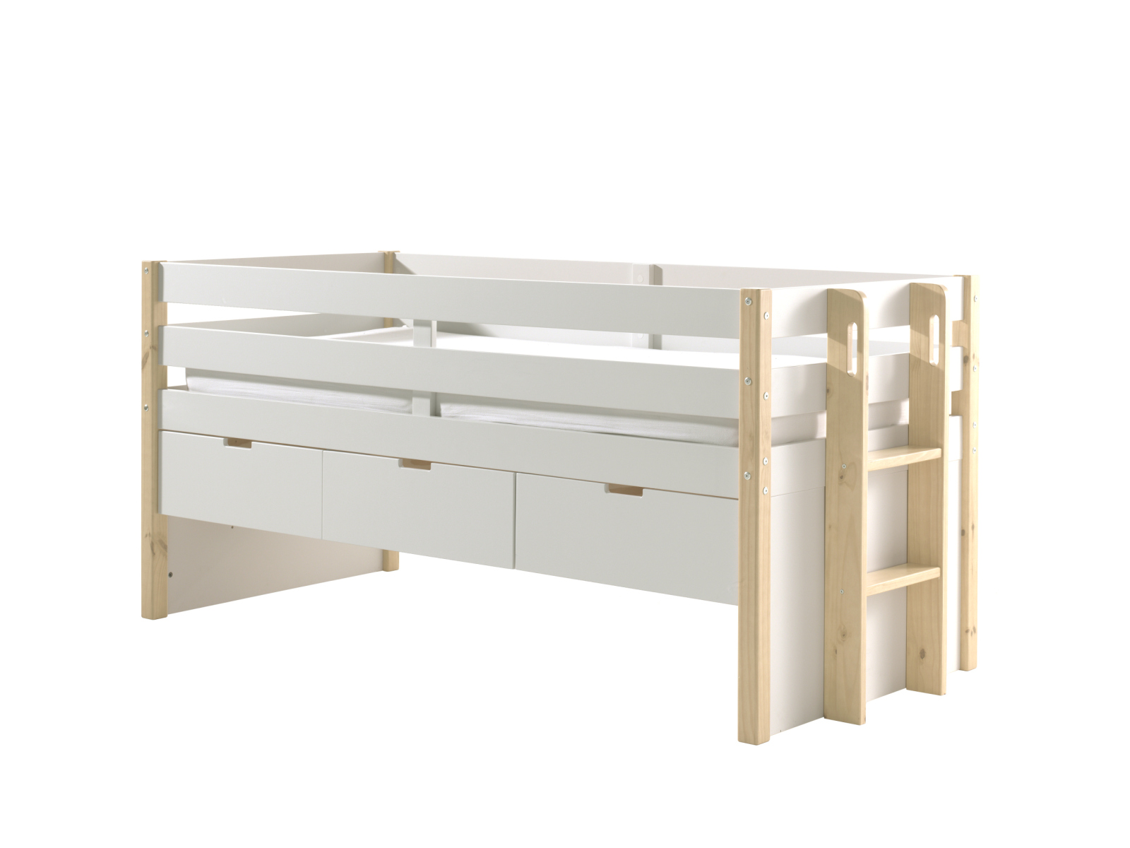 Halbhohes Bett MARGRIT - weiß-natur - mit Leiter - 90x200 cm