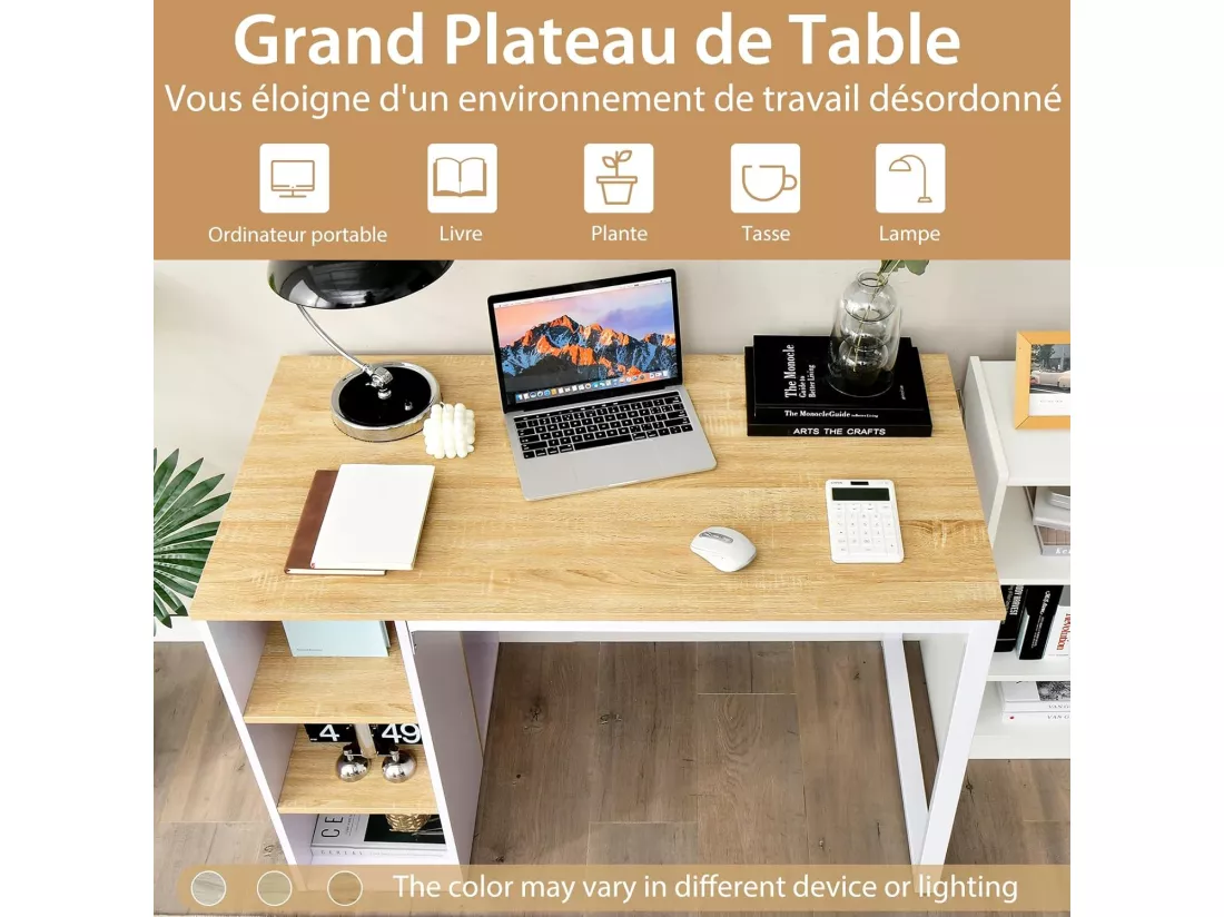 Bureau d'Ordinateur avec Bibliothèque, Bureau Informatique avec 5 Compartiments, Cadre en Métal, Table d'Ordinateur pour Bureau, Chambre, Studio, 115 x 59,5 x 75 cm (Naturel)