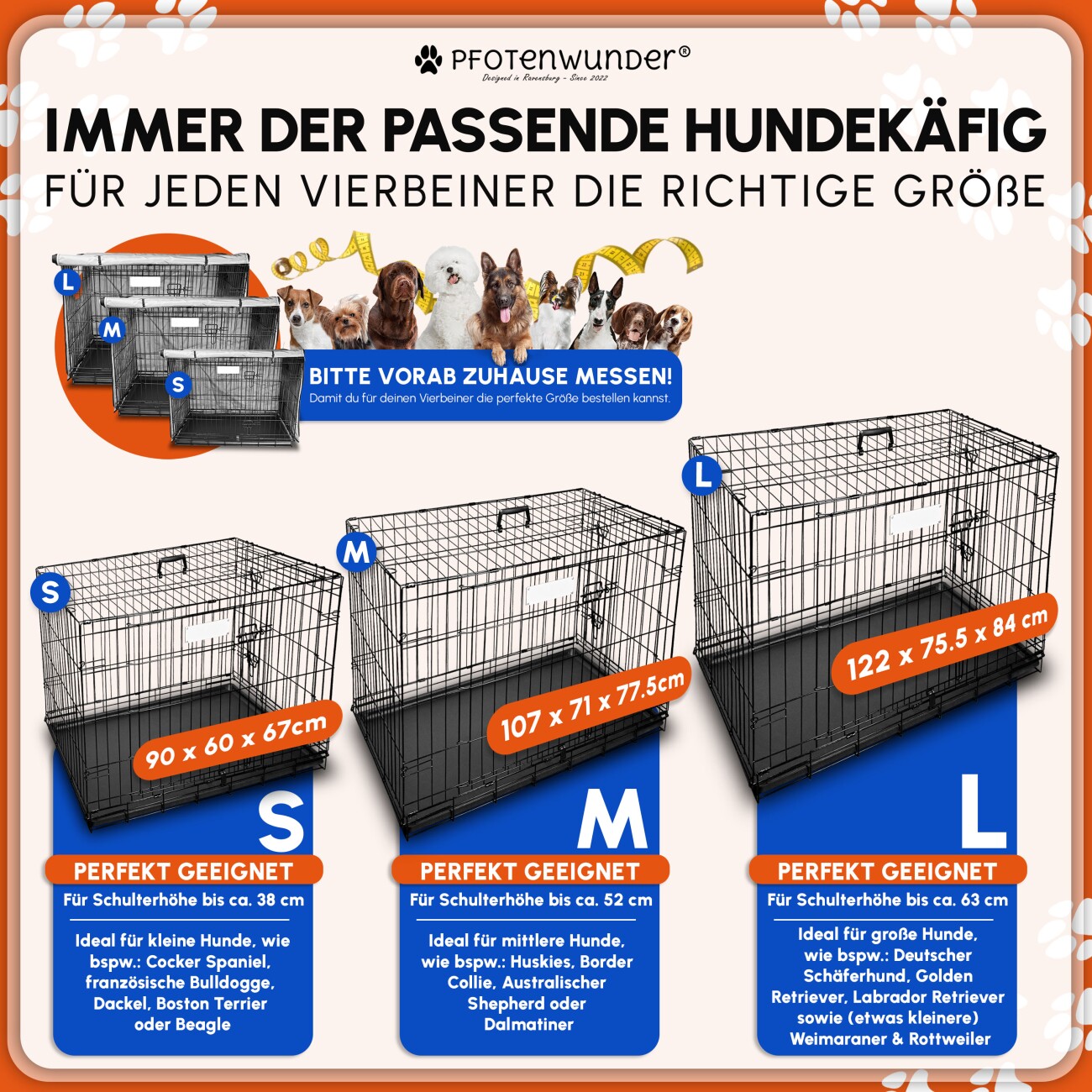 PfotenWunder® Hundekäfig klappbar 90*60*67cm, Hundetransportkäfig mit 2 Türen + 1 Abdeckung & 1 Trainingsbuch | Tiertransportbox, Hundetransportbox, Hundebox Auto, Drahtkäfig faltbar mit Bodenschale