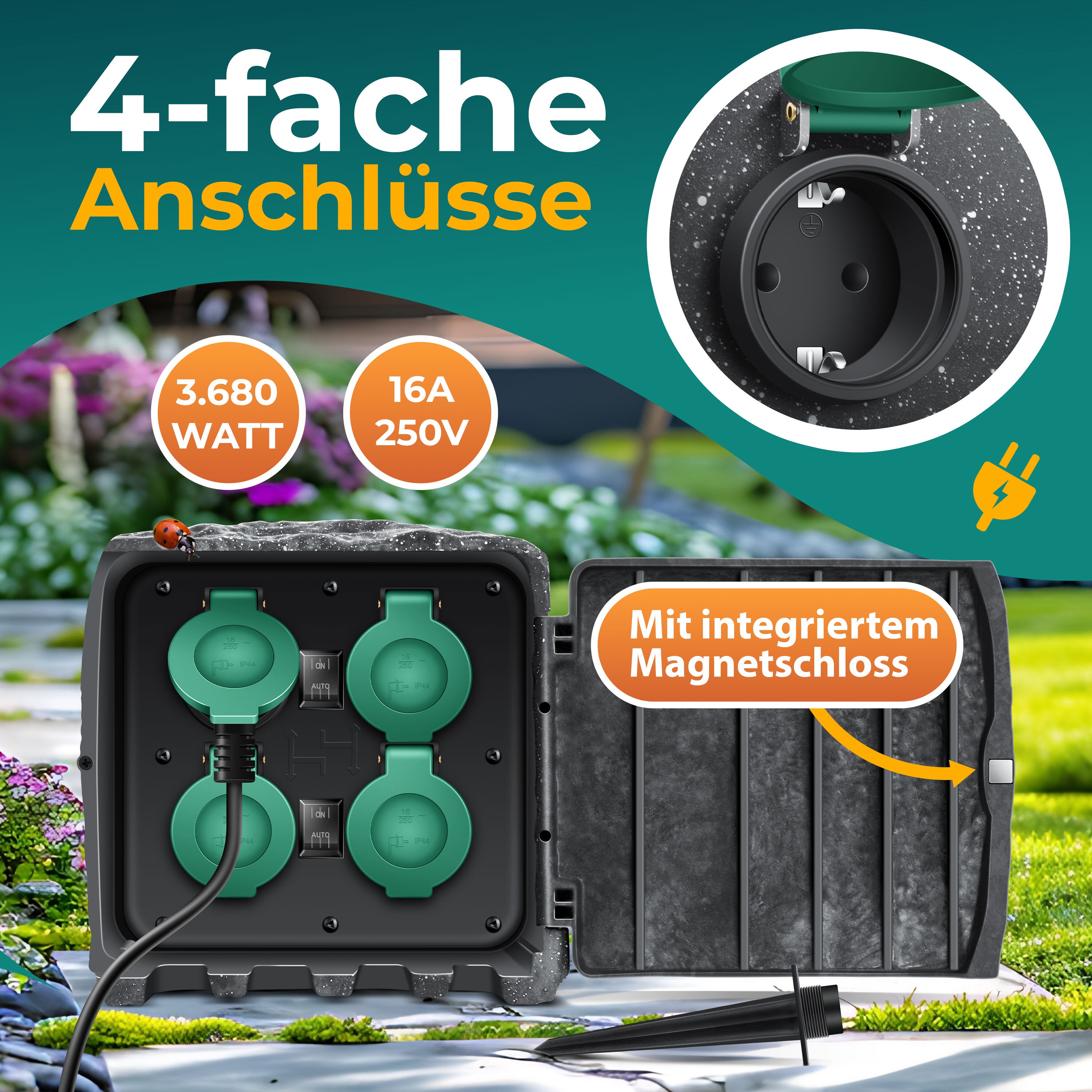 KESSER® Gartensteckdose Steinoptik mit 4 Steckplätzen Inkl.Erdspieß, Mehrfachsteckdosen aussen mit 3m Verlängerungskabel Außensteckdose IP44 Wasserdicht Steinsteckdose mit ON/Auto Dämmerungssensor