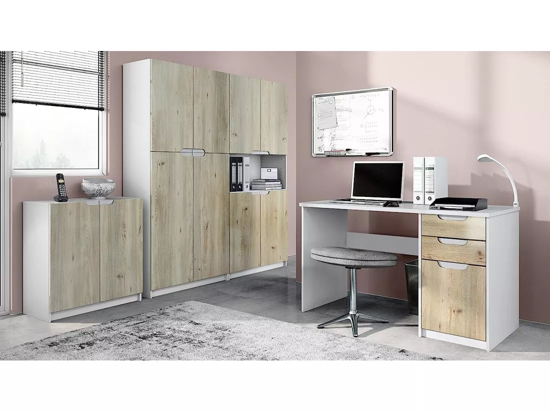Ensemble de Meubles de Bureau Corps en Blanc Mat/Façades en Chêne Nordique