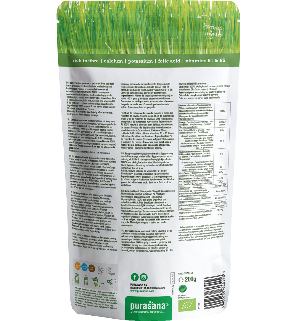 Purasana Gerstegras Poeder/Poudre Herbe D’Orge Vegan Bio (200 gr)