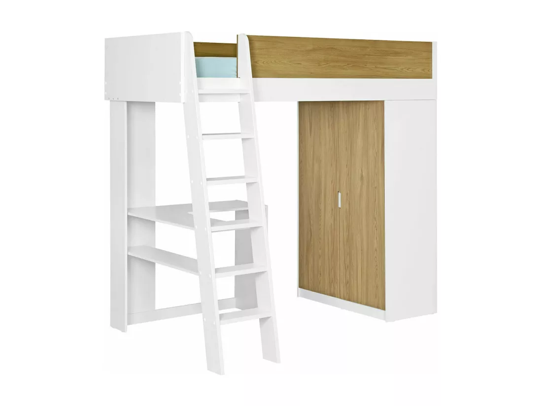 Pack lit mezzanine avec matelas 90x190 cm panneaux de fibres blanc et bois MEMPHIS