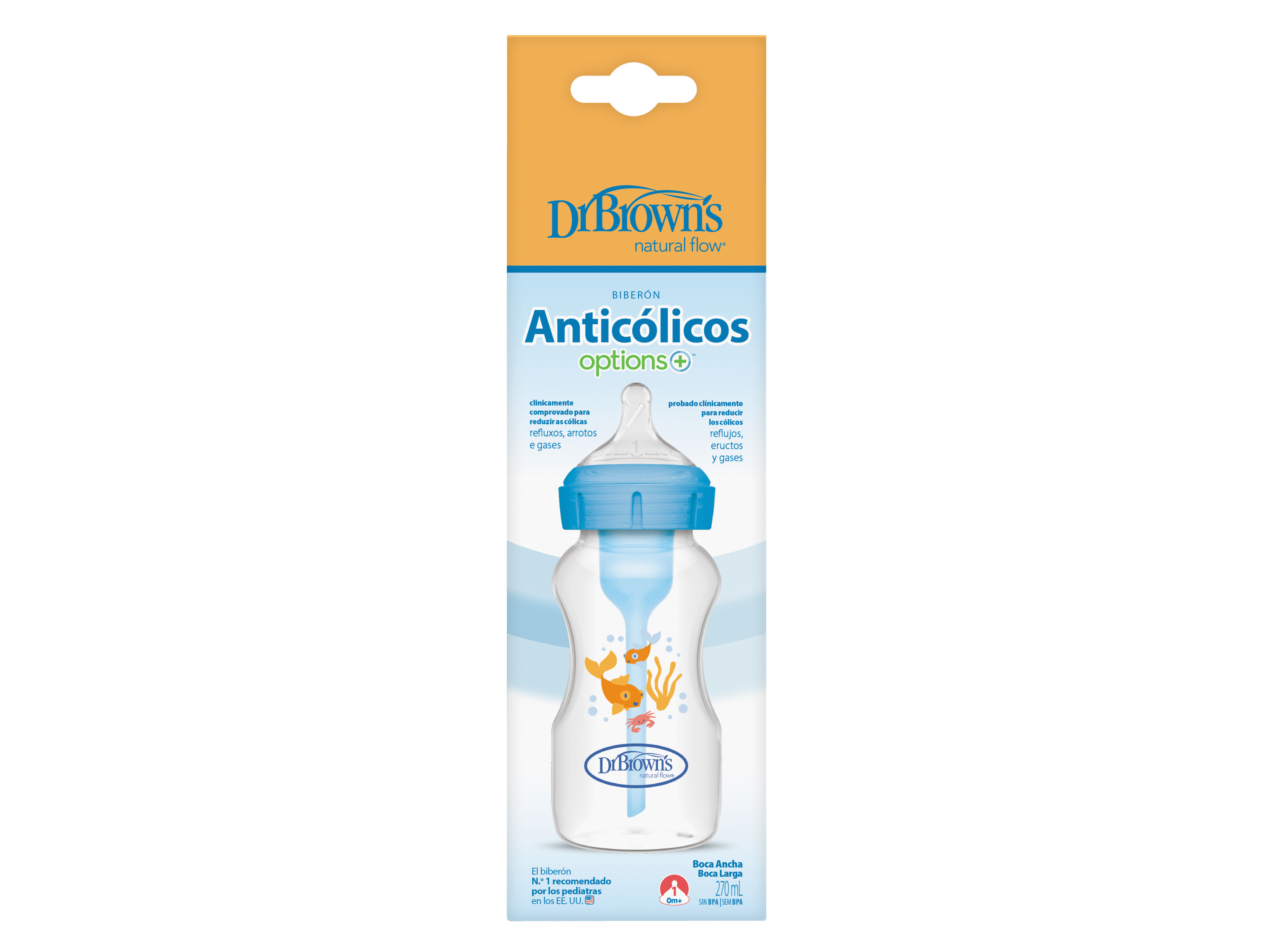 BIBERÃO DR. BROWN'S BOCA LARGA AZUL 270ML 1UN