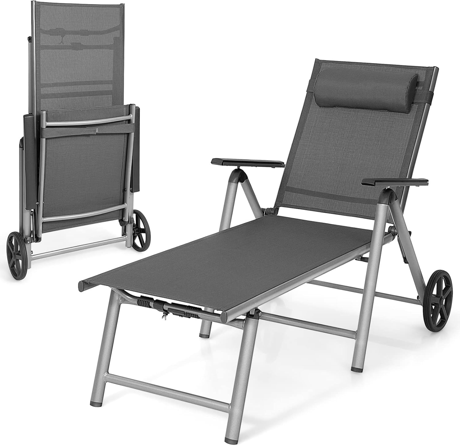COSTWAY Sonnenliege Aluminium mit Rollen, klappbare Gartenliege mit hoher Sitzhöhe, Verstellbarer Rückenlehne und abnehmbarem Kopfkissen, Liegestuhl, Klappliege für Garten, Balkon, Terrasse