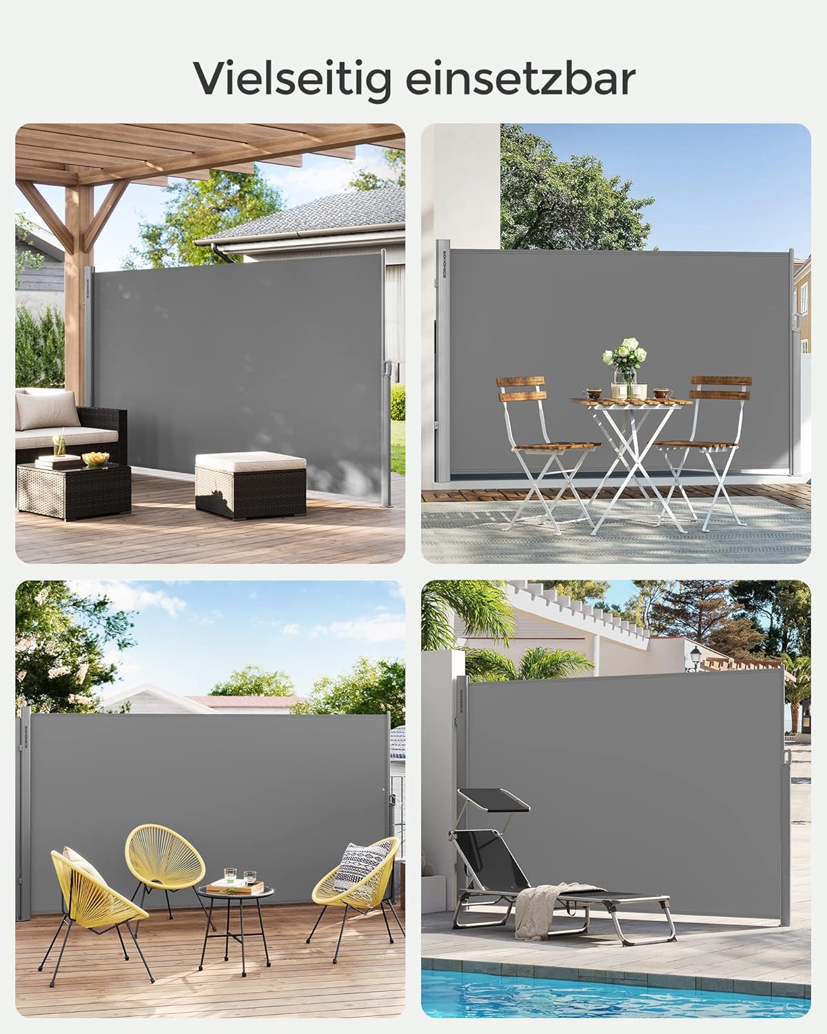 SONGMICS Alu-Seitenmarkise, ausziehbar, 200 x 400 cm, Blickdicht, Sonnenschutz, blickdicht, Seitenrollo, für Balkon, Terrasse, Garten, grau GSA204G03