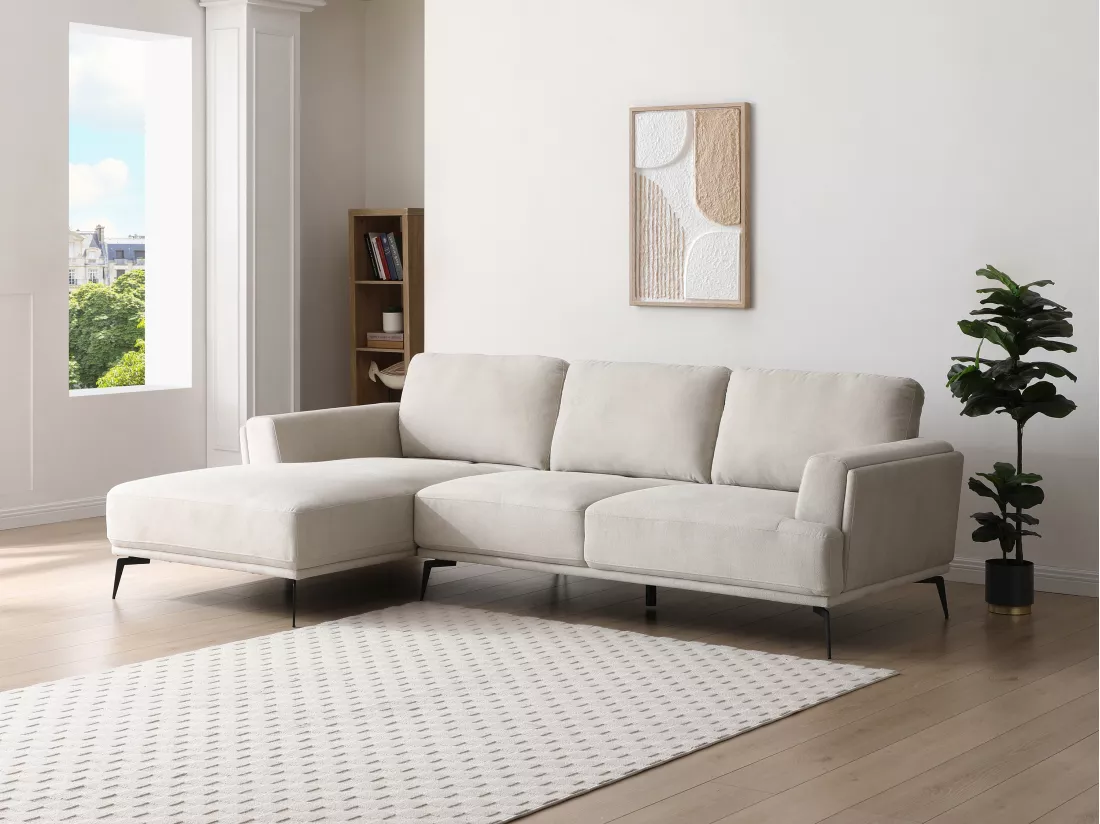 Canapé d'angle gauche dossier avance-recule en tissu texturé beige ARSODA