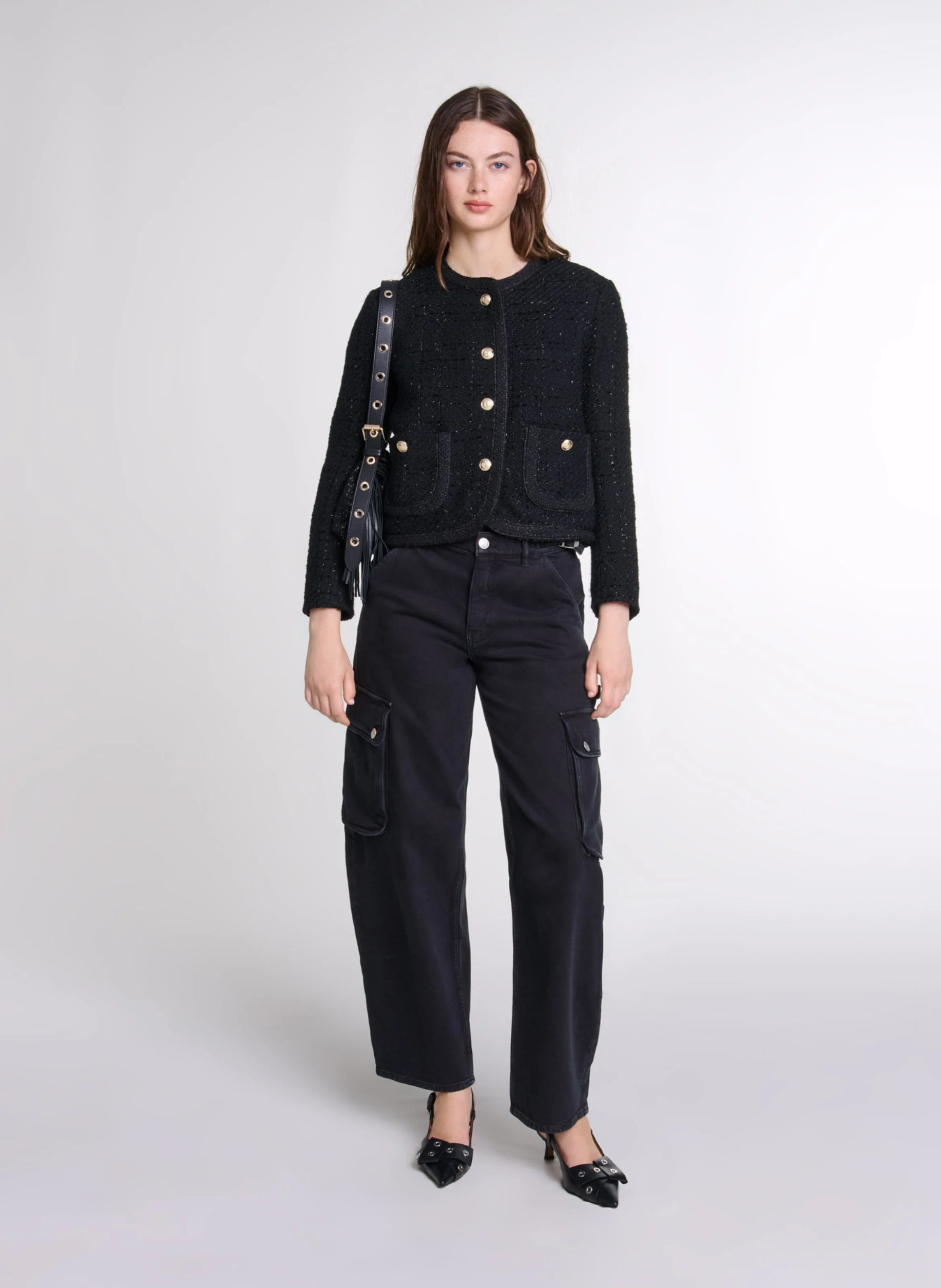 Veste col rond en tweed| Noir