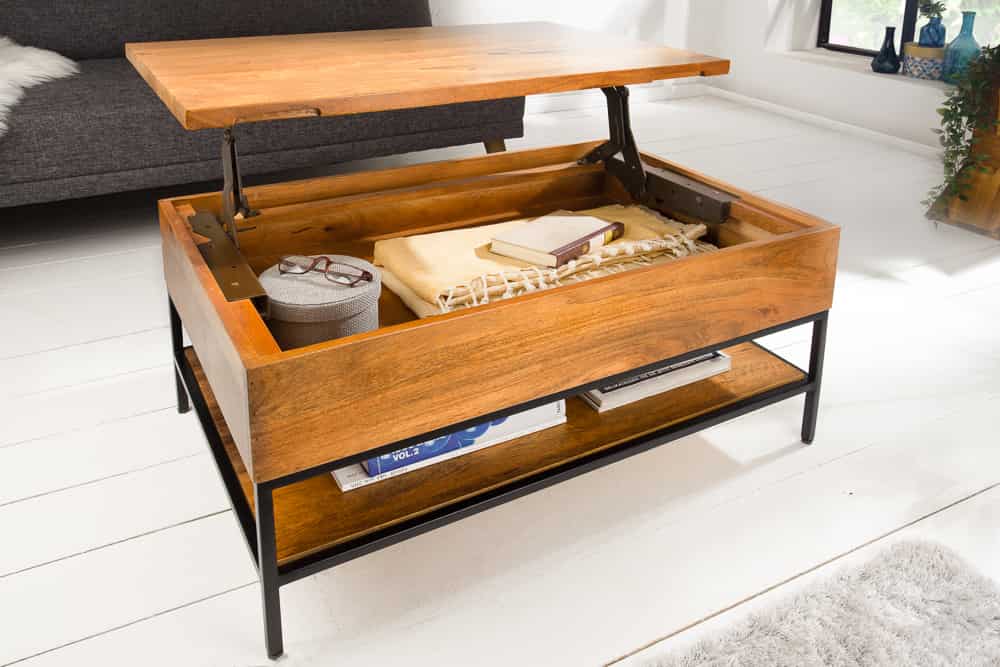 Höhenverstellbarer Couchtisch FACTORY LIFTUP 80cm Mangoholz massiv mit Stauraum Metall
