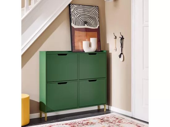SoBuy Meuble Chaussure, Rangement Chaussure, Meuble d'Entrée, Armoire à Chaussures, Meuble de Rangement, Commode à 4 Abattants, Coffre Rangement, Pieds en Fer, Vert, L100xP19xH90cm, FSR100-SY