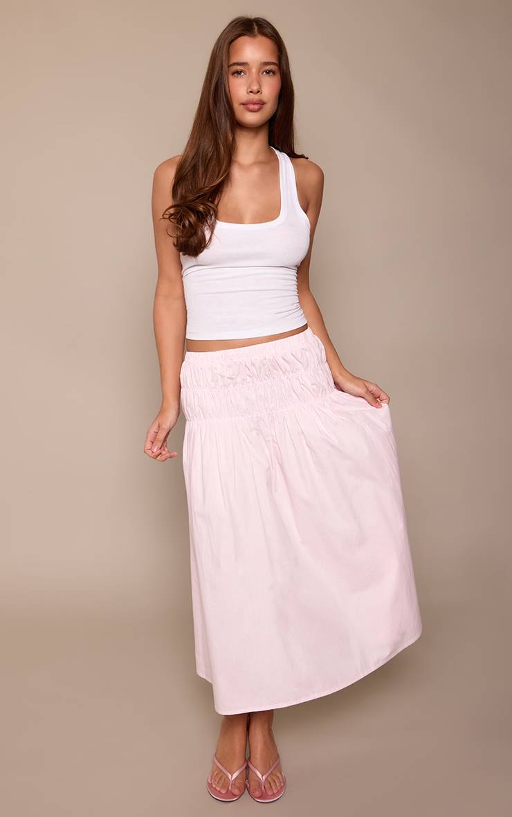 Rose Clair Jupe Midi En Coton À Taille Basse Froncée