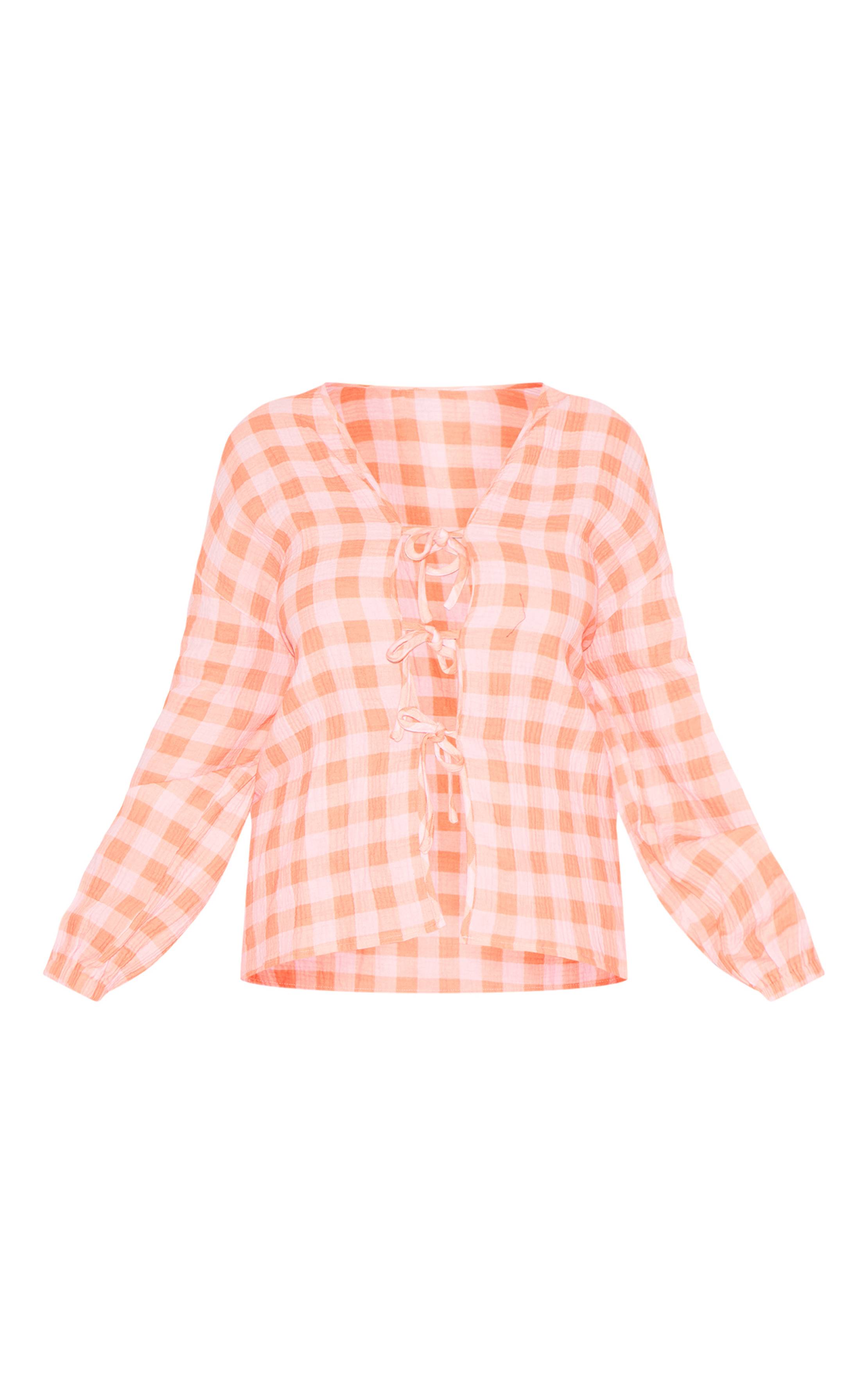 Orange Ensemble Coordonné Chemise À Carreaux En Étamine Orange Avec Nœud Devant Et Manches Longues