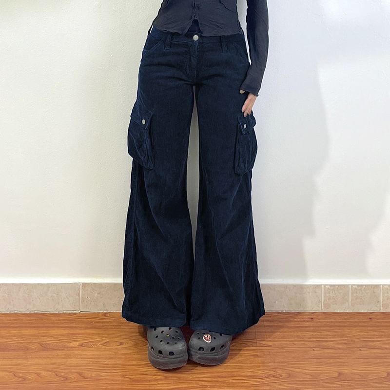 BrickBlack - Hoge taille corduroy cargobroek met wijde pijpen