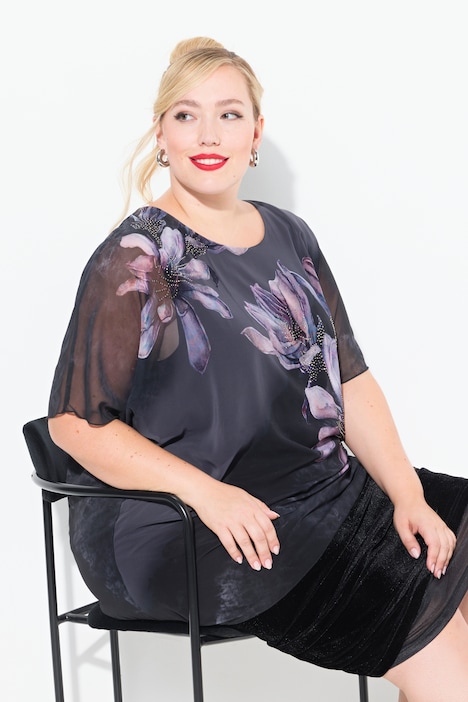 Bluse, doppellagig, Blüten, A-Linie, Rundhals, Halbarm