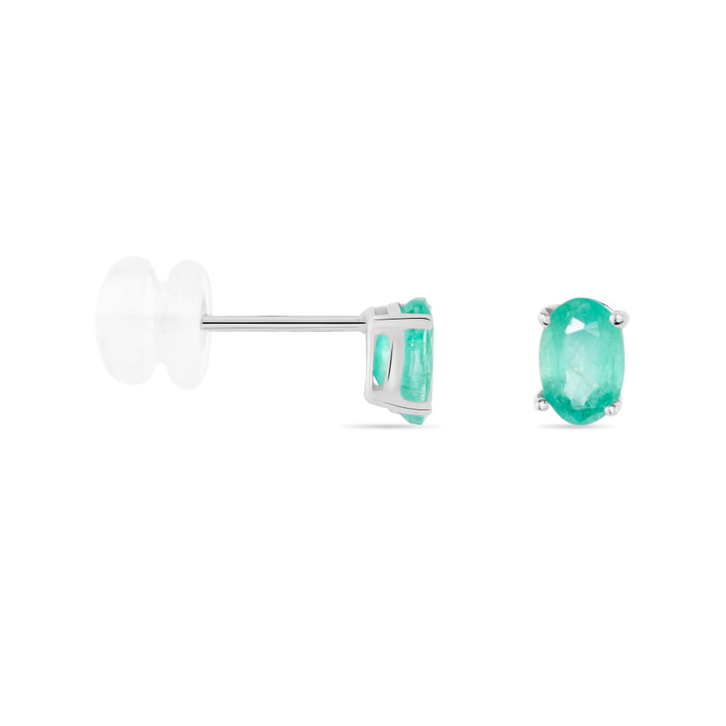 Boucles D'oreilles Puces Ovale Or Blanc Emeraude