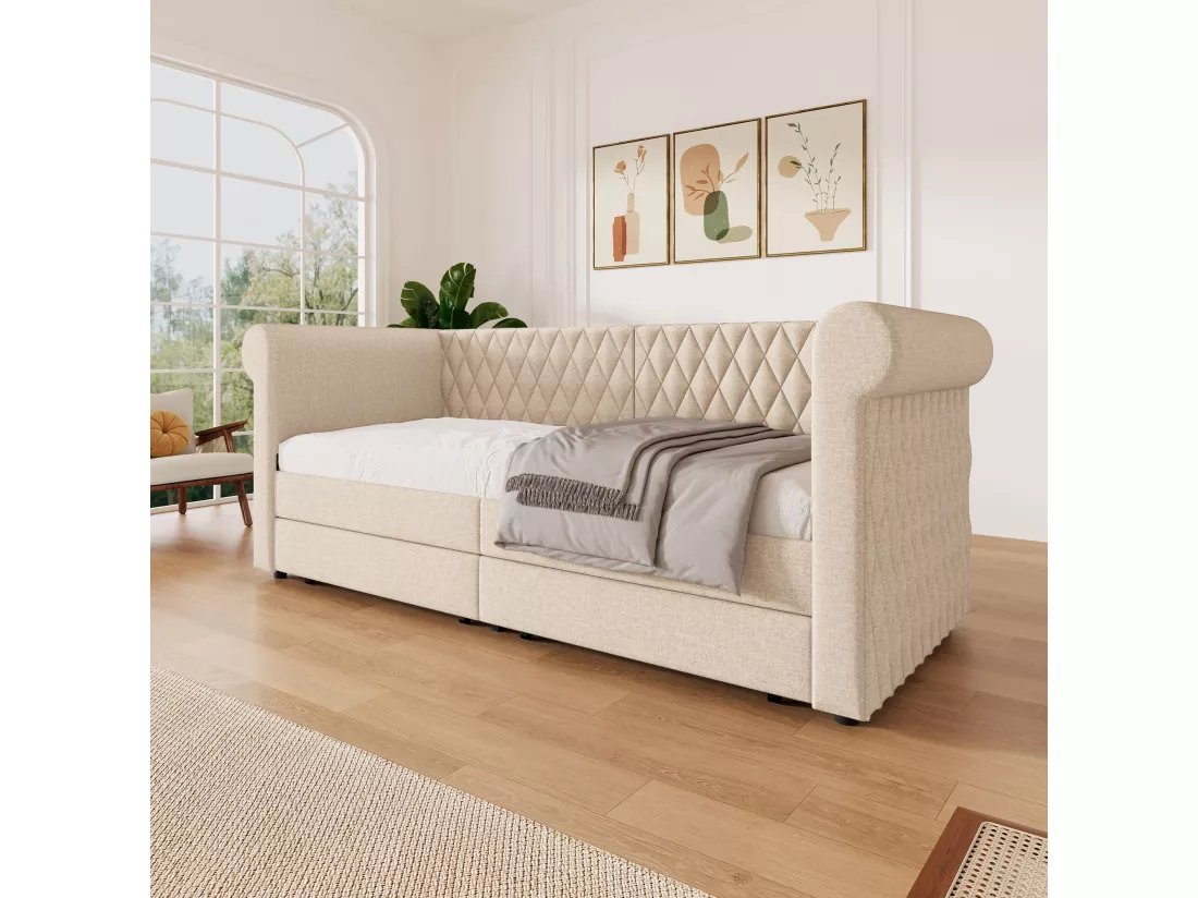 Canapé-lit rembourré avec tête de lit rétro 90x200 cm, avec 2 tiroirs de rangement, beige (sans matelas)