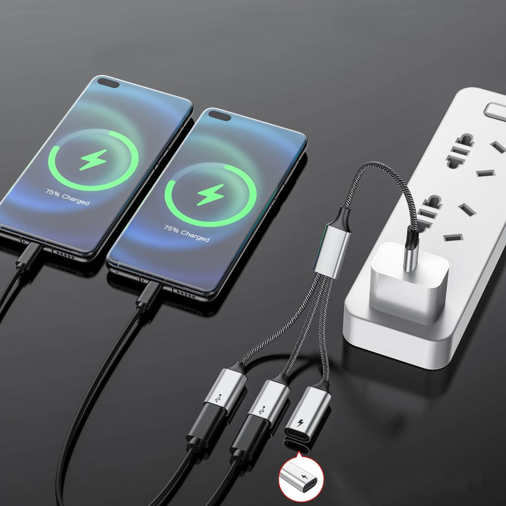 (26cm) 60W 3in1 USB C auf 3x USB C Adapter Ladekabel OTG Nylon Datenkabel - Schwarz / Silber