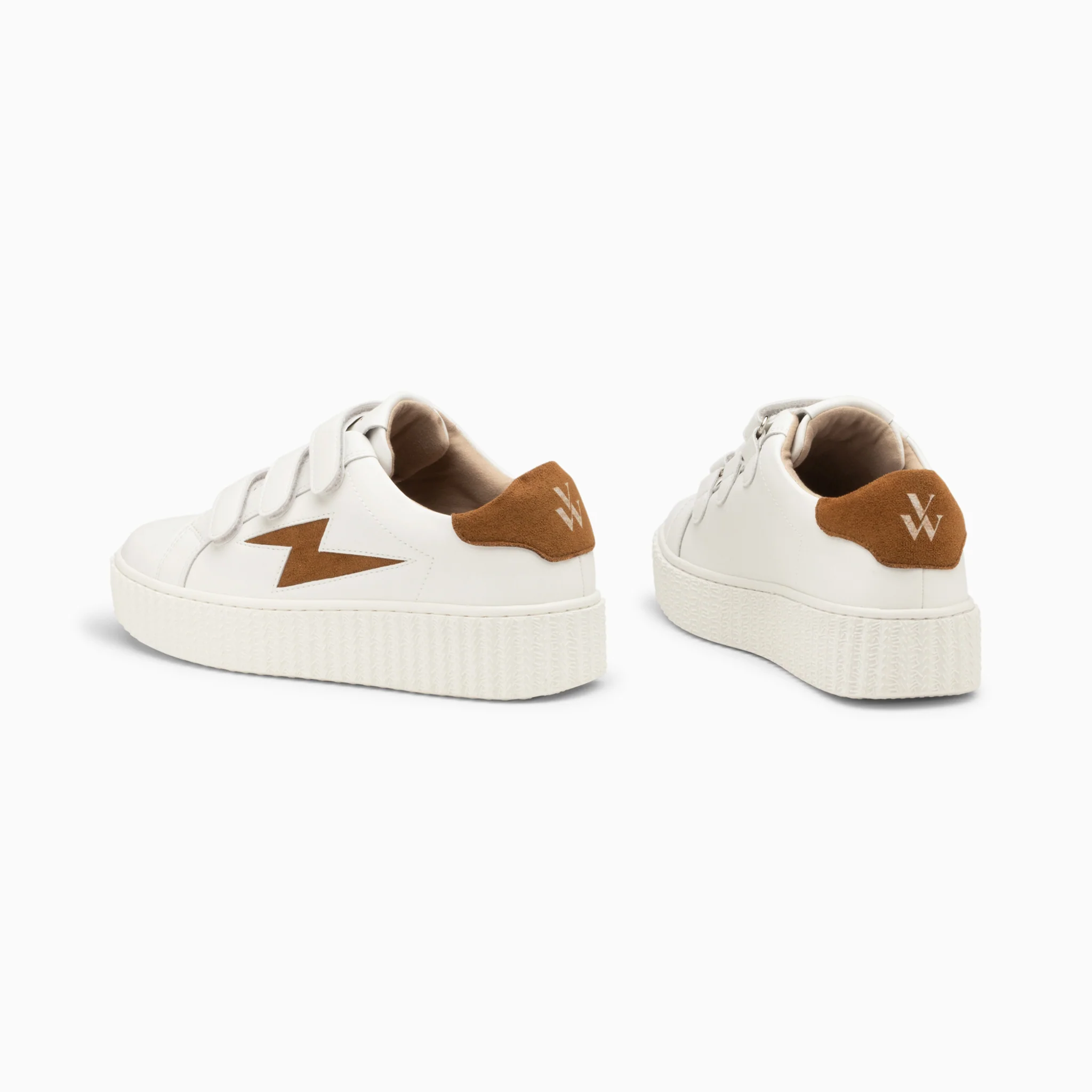 Sneakers-Baskets éclair Vicky blanc et camel à scratchs