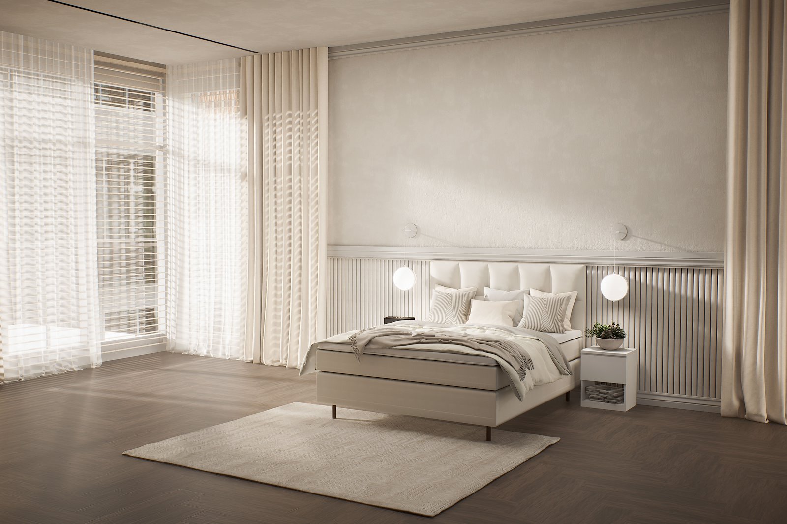 Premium 12 kontinentalseng Tekstil Bris 05 beige, fast/fast, XOV Premium 12 memoryfoam overmadrass og runde ben i røkfarget eik 15 cm