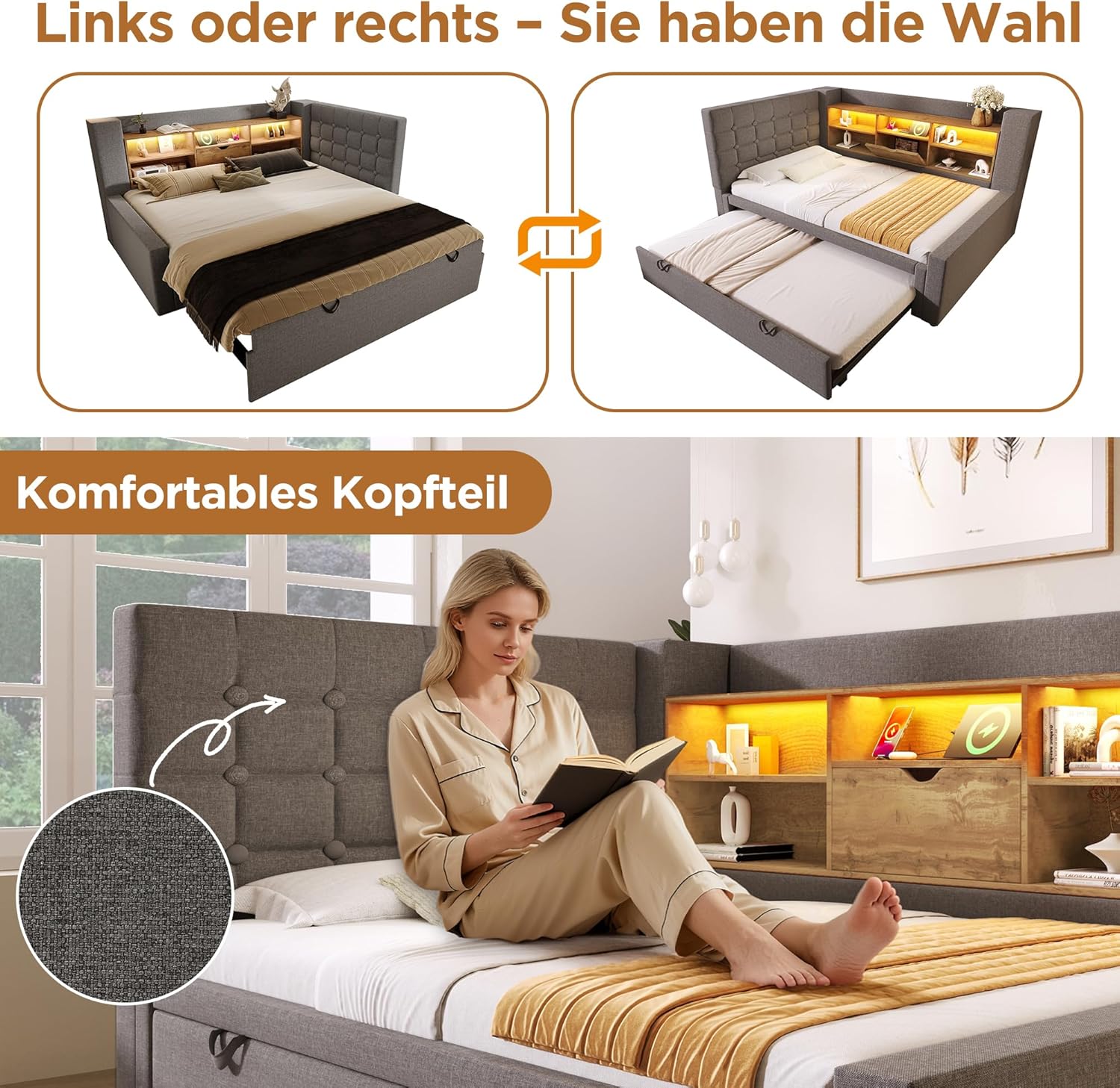 Polsterbett Bett mit LED-Beleuchtung 90x200cm, Mit Ausziehbett 90x190cm, Struraumbett, L-förmigem Kopfteil mit Stauraum, beidseitig montierbar, Lattenrost, Leinen (Grau-A)